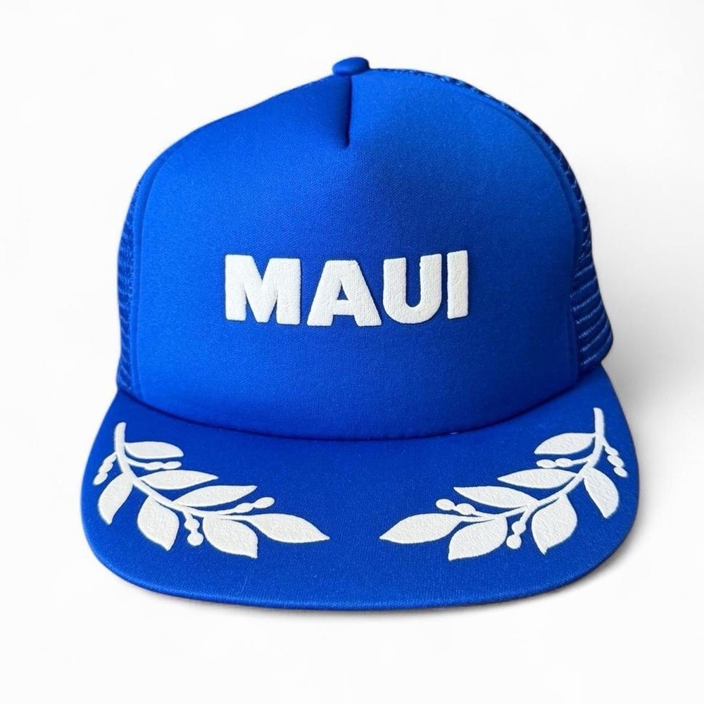 Vintage 90s Blue Leaf Maui Trucker Puff Print Mesh Snapback Hat Cap OSFA